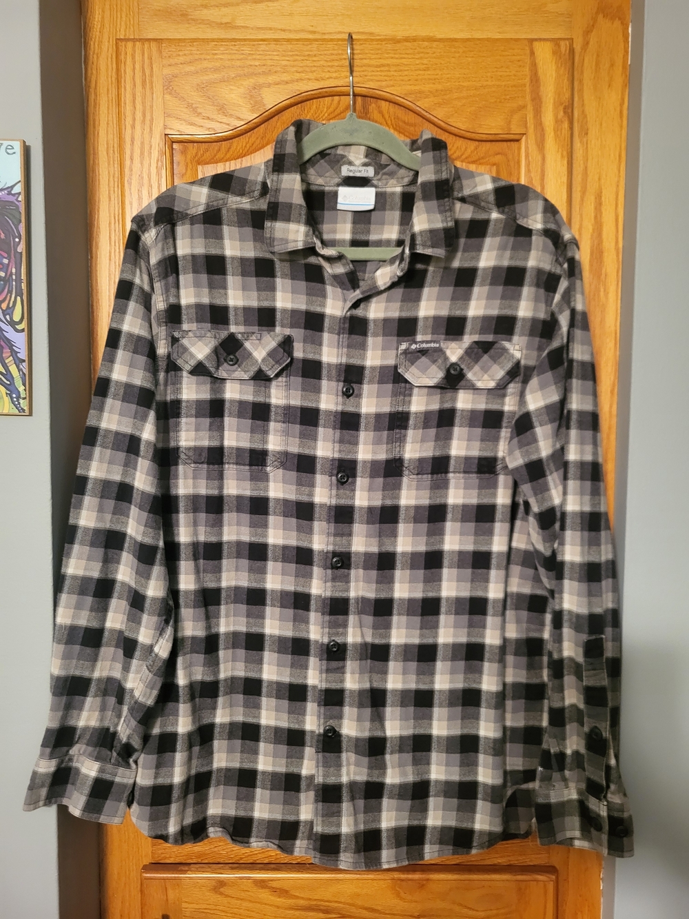 Columbia Flannel Shirt Large Men's Regular Fit Plaid Black-Gray-Tan-Omni-Wick